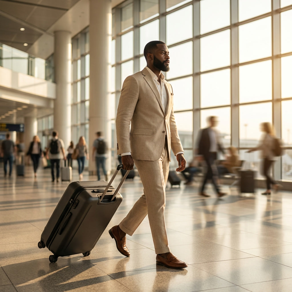 A traveler with a Compass carry-on